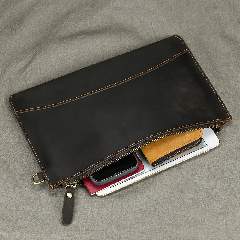 

Vintage Clutch Wallet Genuine Leather Men Hand Zipper Big Purse Card Holder Male Big Hand Wallets Pone Pouch iPad Case