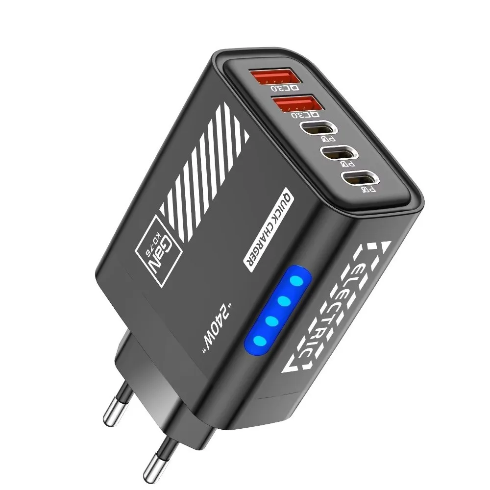 240W GaN Charger Adapter 5 in 1 5 Port Desktop Charger Adapter QC 3.0 Type-C Cable Fast Charger Adapter Phone Charging