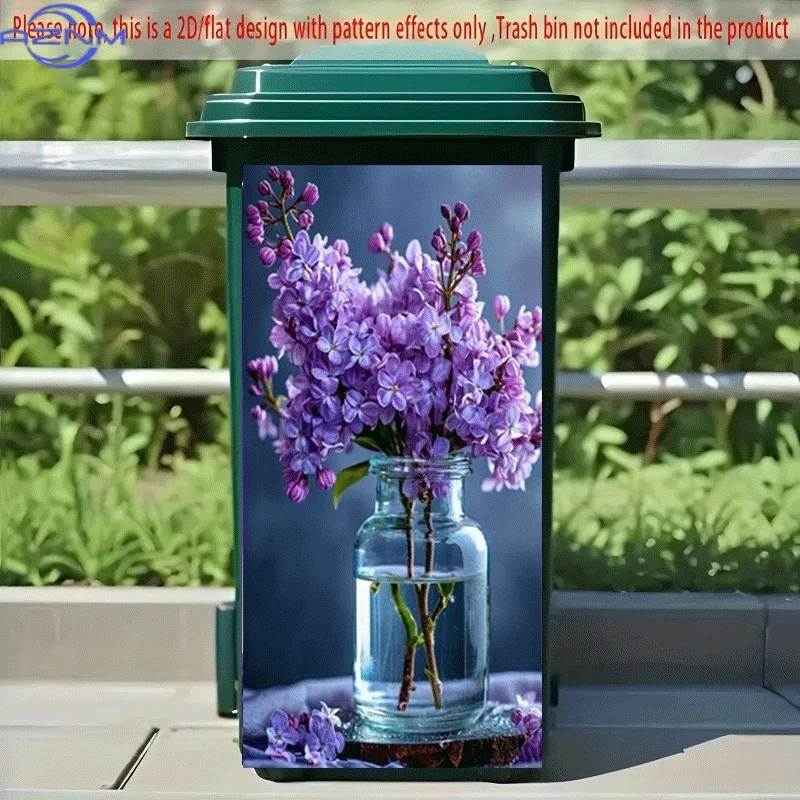 PC 2D Flat Self-Adhesive Trash Can Sticker, Purple Flowers Resting in a Bottle Decorative Decal, Creative Trash Can Decoration