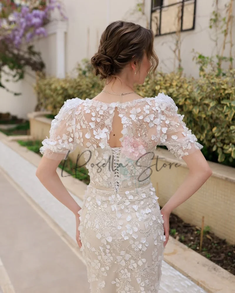 LRosella Brautkleid mit 3D-Perlen und Pailletten, Spitze, U-Ausschnitt, kurzen Ärmeln, knöchellang, 2025, maßgeschneiderte Etui-Brautkleider