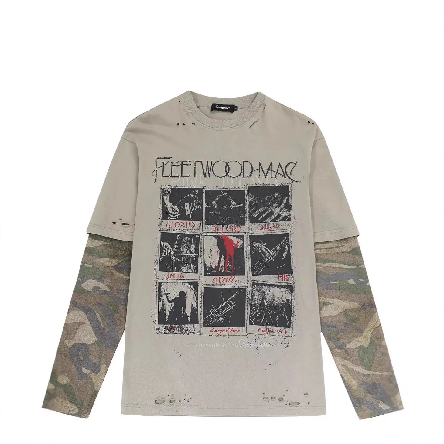 Herren Camouflage Patchwork Vintage T-Shirt Fake Zweiteiliges Langarm-Oberteil Streetwear Harajuku Übergroße Hip-Hop-Tops