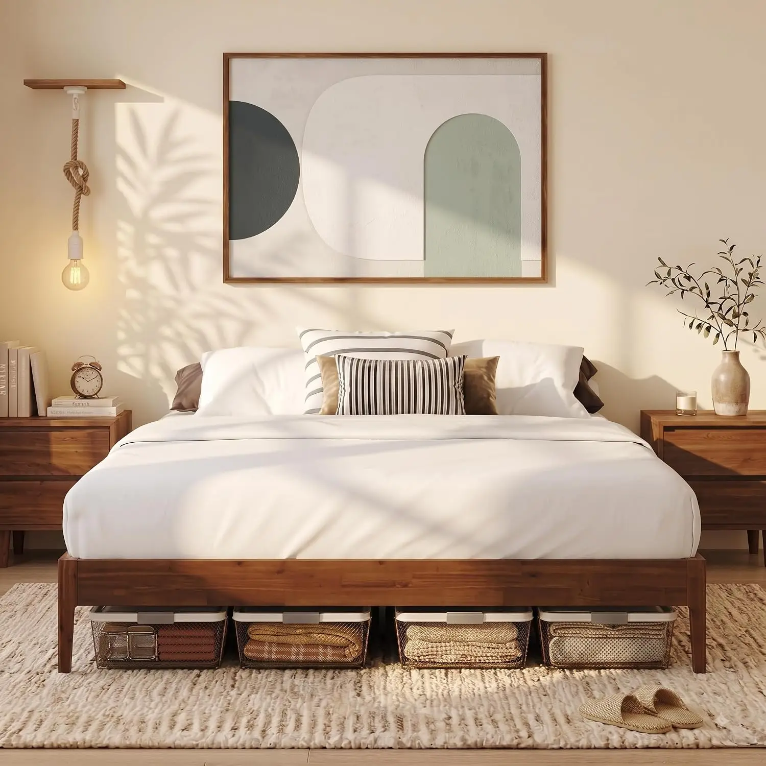 Bed Frame Heavy Duty Acacia Wood Slats No Box Spring Japanese Style Easy Assembly Dark Choco, Customized