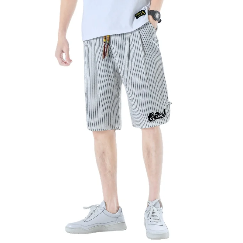 Summer Cotton and Hemp Shorts Men's Chinese Casual Pants Drawstring Loose Striped Pants 2023 New Fashion Comfortable Pants