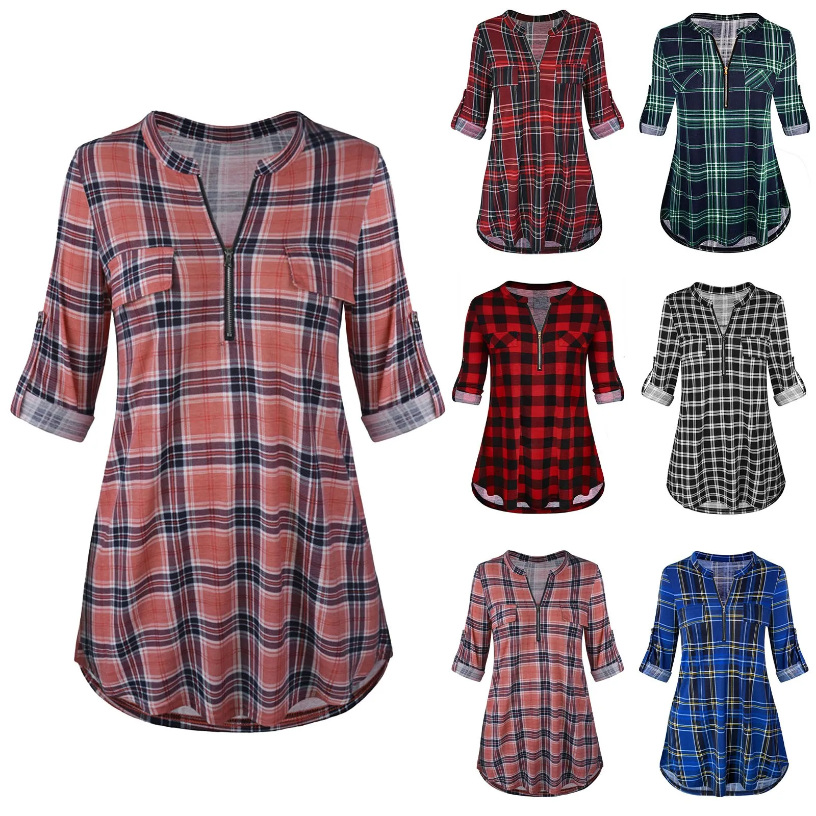 Womens Tunic Shirts Plaid Printed Blouses Casual Rolled Sleeve Zipped V-Neck Tunic Tops Blouse Ladies Spring Autumn Tops blusas