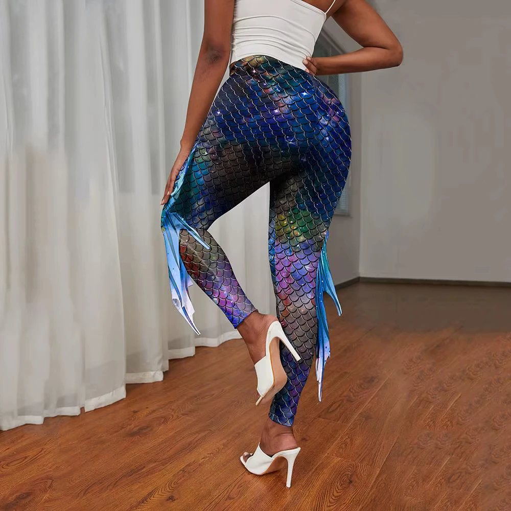 Nueva llegada divertido Colorfur escamas de pescado impreso galaxia sirena Leggings apretado elasticidad entrenamiento Fitness pantalones