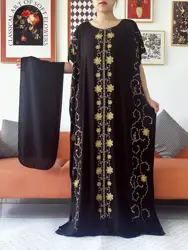 New Dubai Abaya Dress Solid Cotton Dress Embroidery Gold Thread African Dashiki Women Maxi Cotton Embroidered Loose Vestidos