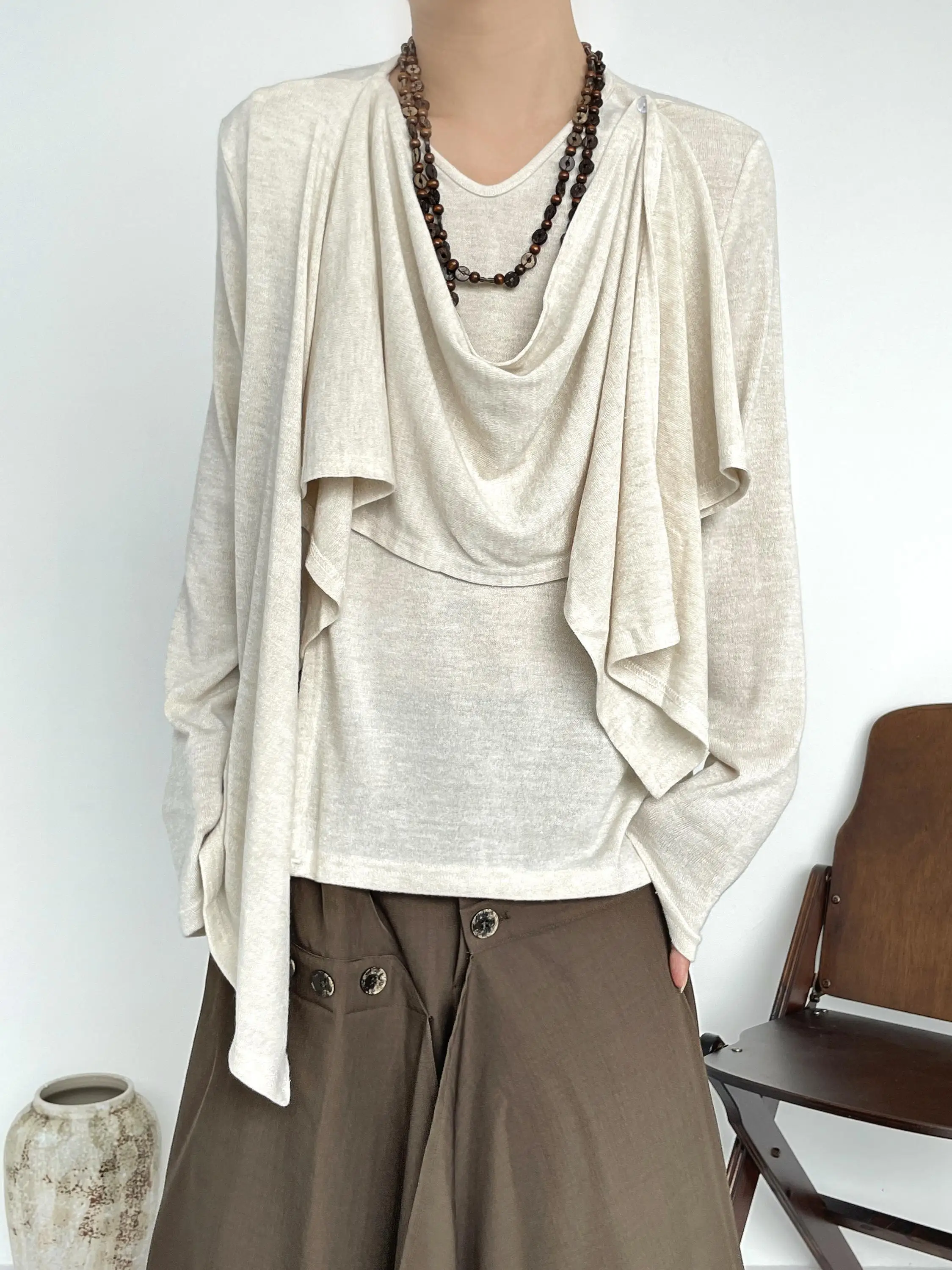 BKYC Autumn Winter Vintage Knitted Long Sleeve Shirt Unisex Asymmetrical Splicing Scarf Lazy Style Casual Loose Fit Sweater