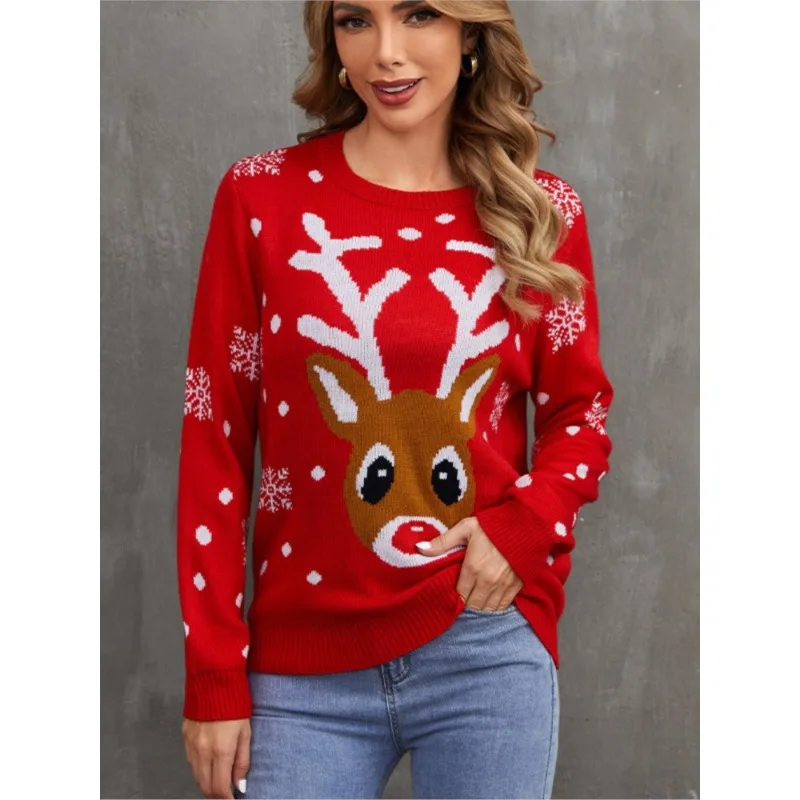 Cartoon Christmas O-Neck Knit Sweater Women Autumn Winter Loose Casual Elegant Party Pullover