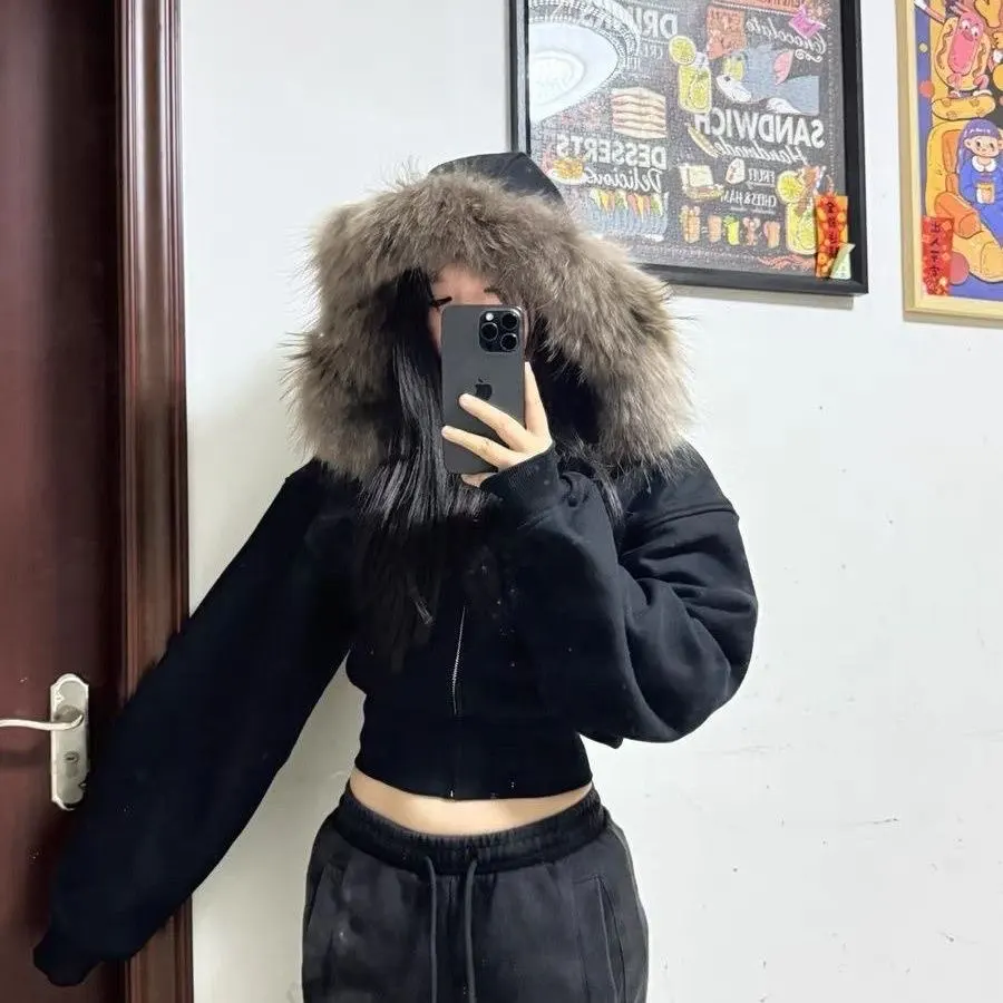 Czarna bluza z futrzanym kołnierzem, zapinana na zamek, prosty styl, futrzany kołnierz, rozpinany kardigan z kapturem, topy, vintage, Y2k, krótki płaszcz na zamek.