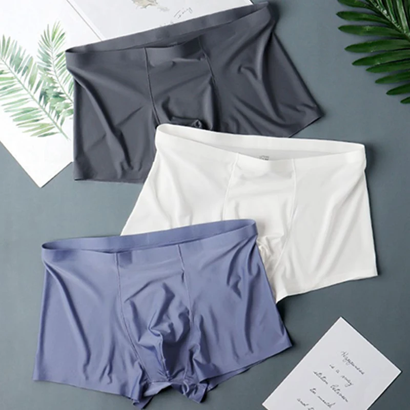 Seamless Ice Silk Boxers Men‘s Solid Color Male Underpants Ultra-thin Sexy Underwear Summer Cool Trunk Shorts image 3