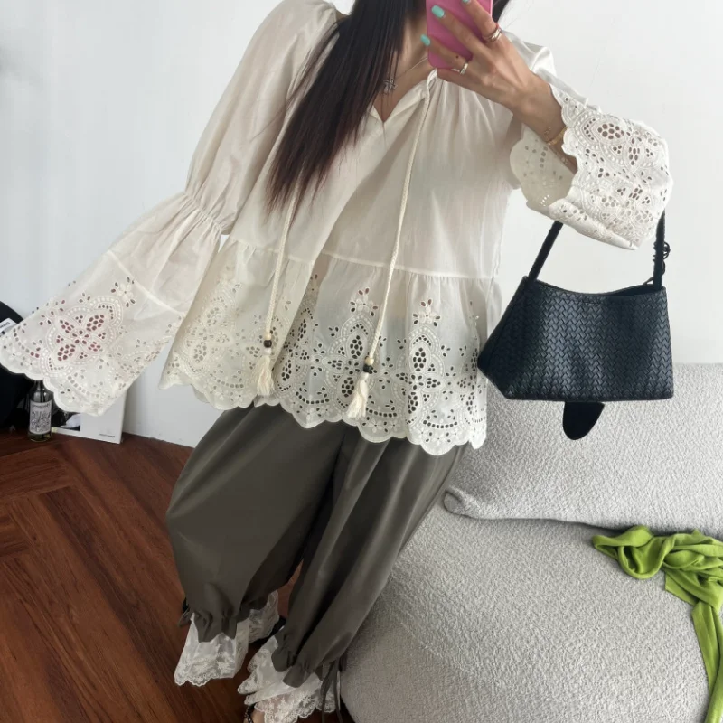 

Chic Korean Style Long Sleeve Lace Trim Braid Splicing Hollow out Women's Shirt Casual Loose Fit Button Detailing Spring Summer