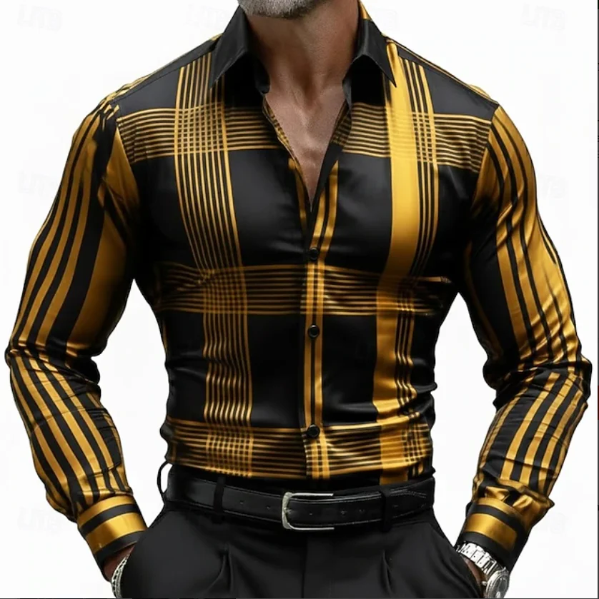 New men's geometric striped checkered shirt long sleeved casual vacation 3D starlight printed button up shirt