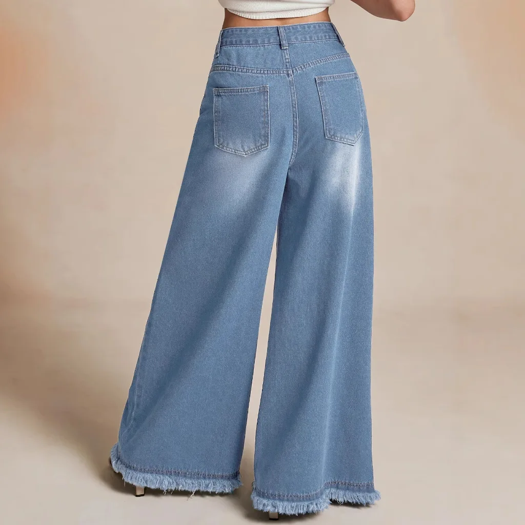 American Retro Loose High-waisted Wide-leg Jeans. Ladies' Four-season New Fashion Streetwear Fringed Design Washed Casual Jeans