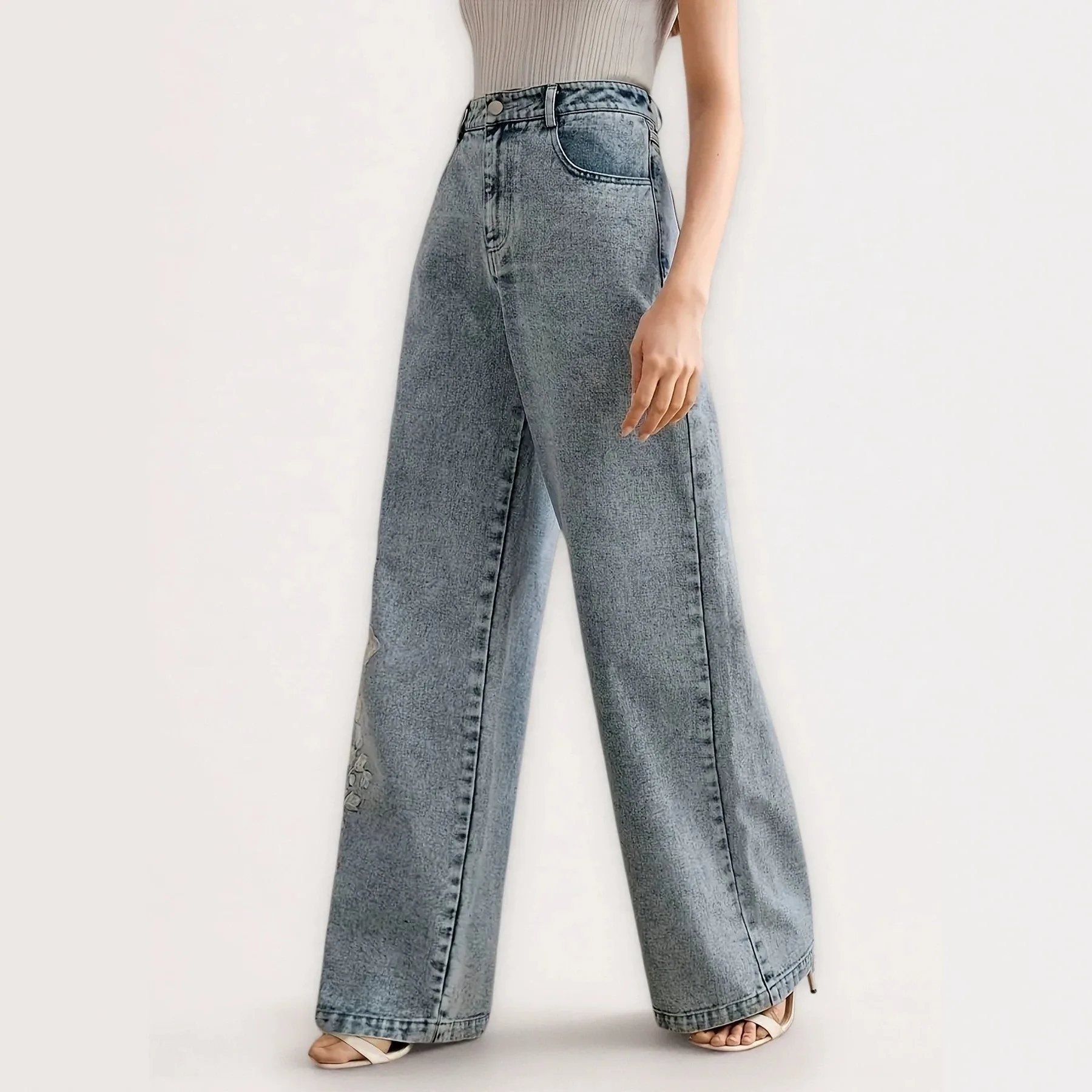Womens Jeans Wide Leg Side Embroidery Pants Mid Rise Loose Fit Casual Comfortable High Quality Stretch Denim Vintage Trendy
