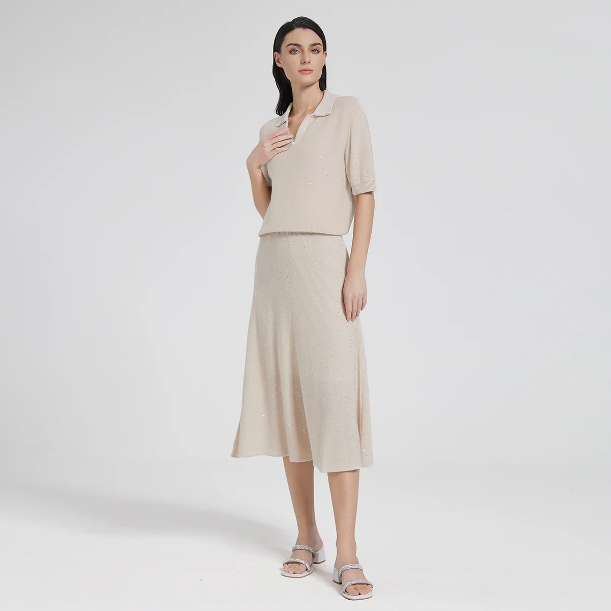 BC1138 Luksusowy damski sweter polo z cekinami, dzianinowy, 30% jedwab morwowy, 40% len, pulower, dzianinowy top