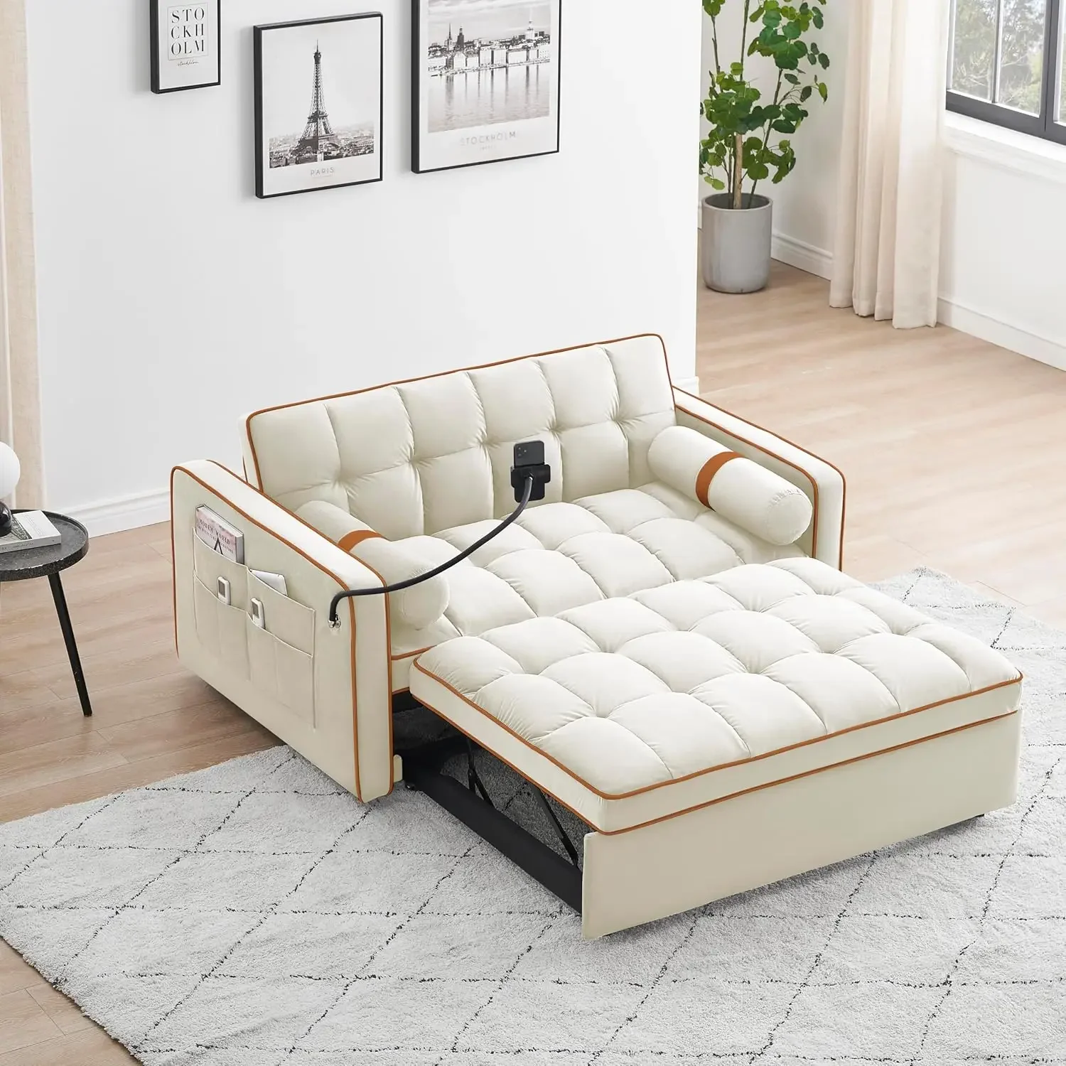 

55" Full Size Pull Out Couch-3 in 1 Comfy Convertible Futon Sofa Bed, Velvet Loveseat Lounge Sleeper Sofa with Pullout Bed