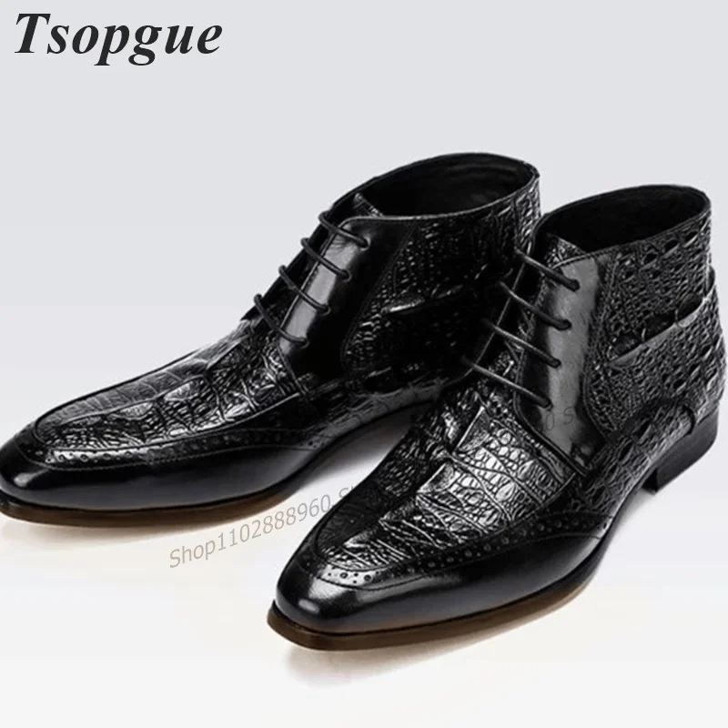 Cross-Tied Black Crocodile Skin Men Shoes Men's Dress Pumps Slip-On Runway Business Casual Party Shoes Fashion Zapatillas Mujer