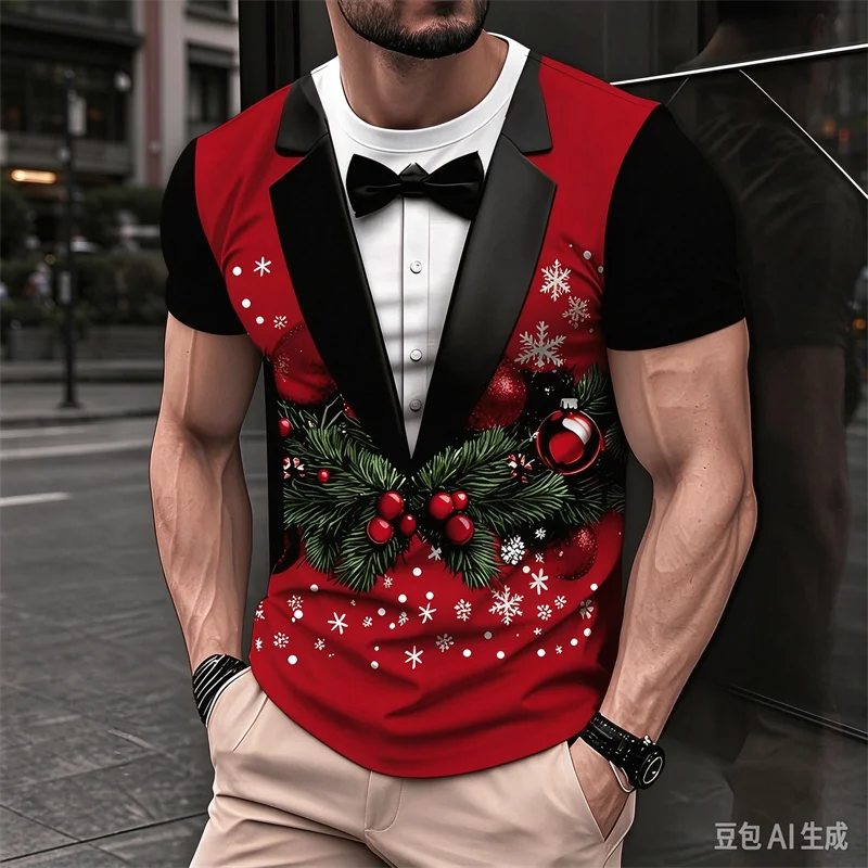 Tartan Plaid Christmas Tuxedo T Shirt for Men Faux Suit Print Red Tie Short Sleeve Crew Neck Holiday Party Costume Graphic Top