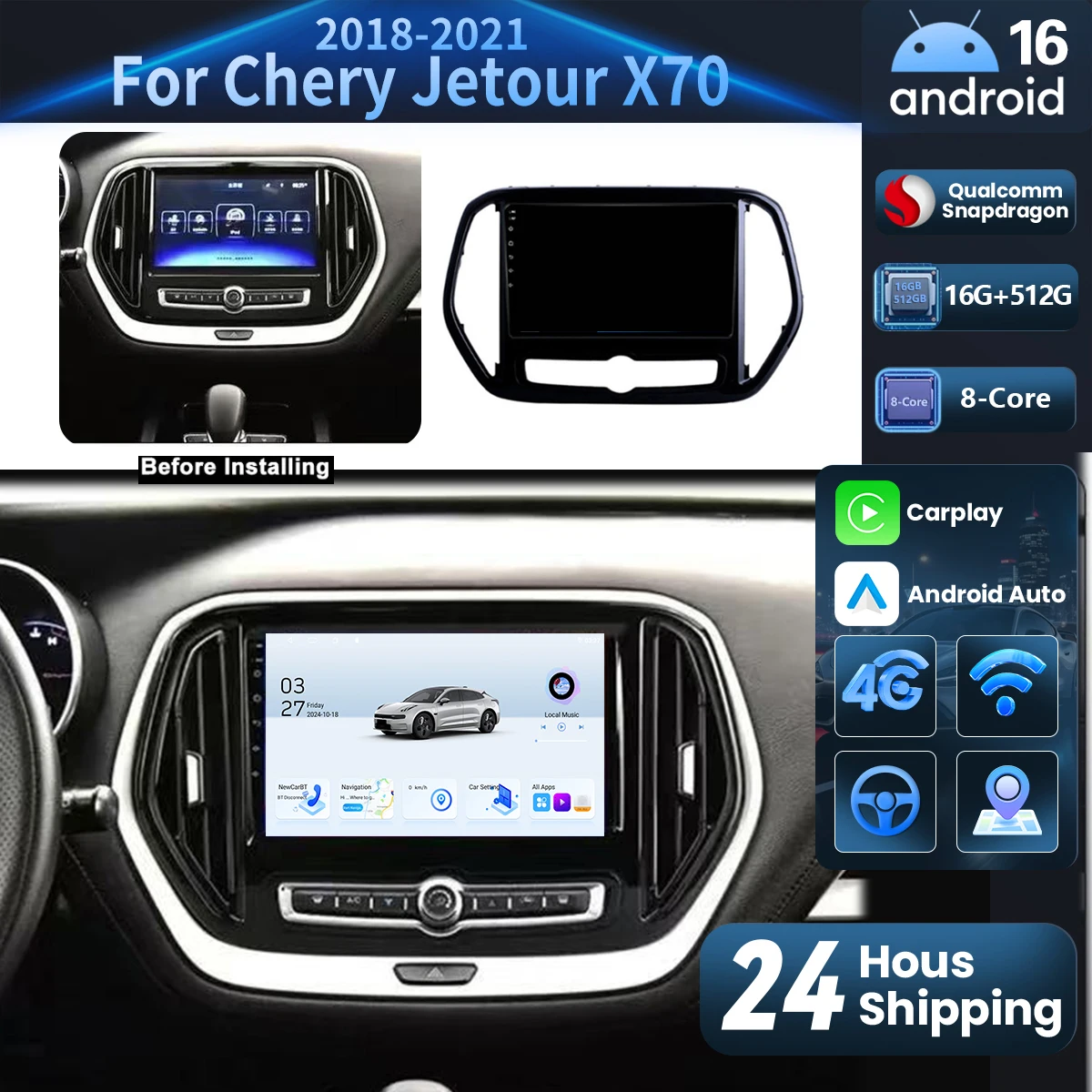 

Android16 Car Radio For Chery Jetour X70 X70M 2018 2019 2020 2021 Navigation GPS 16G - 512G Player Stereo WiFi+4G Carplay BT DSP