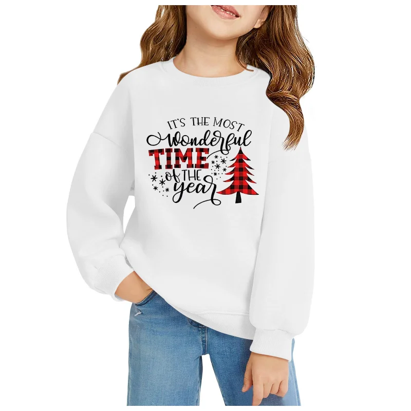 Kids Merry Christmas Pink Leopard Tree Print Sweatshirt Girls Crew Neck Long‑Sleeve Pullover Casual Loose Children Holiday Top