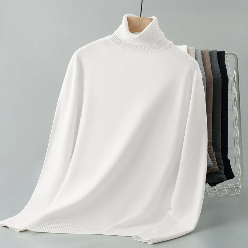 

Men's High Collar Knitted Sweater Autumn Winter Faion Slim Fit Base Layer irt Warm Color White Knitted Wool Sweater
