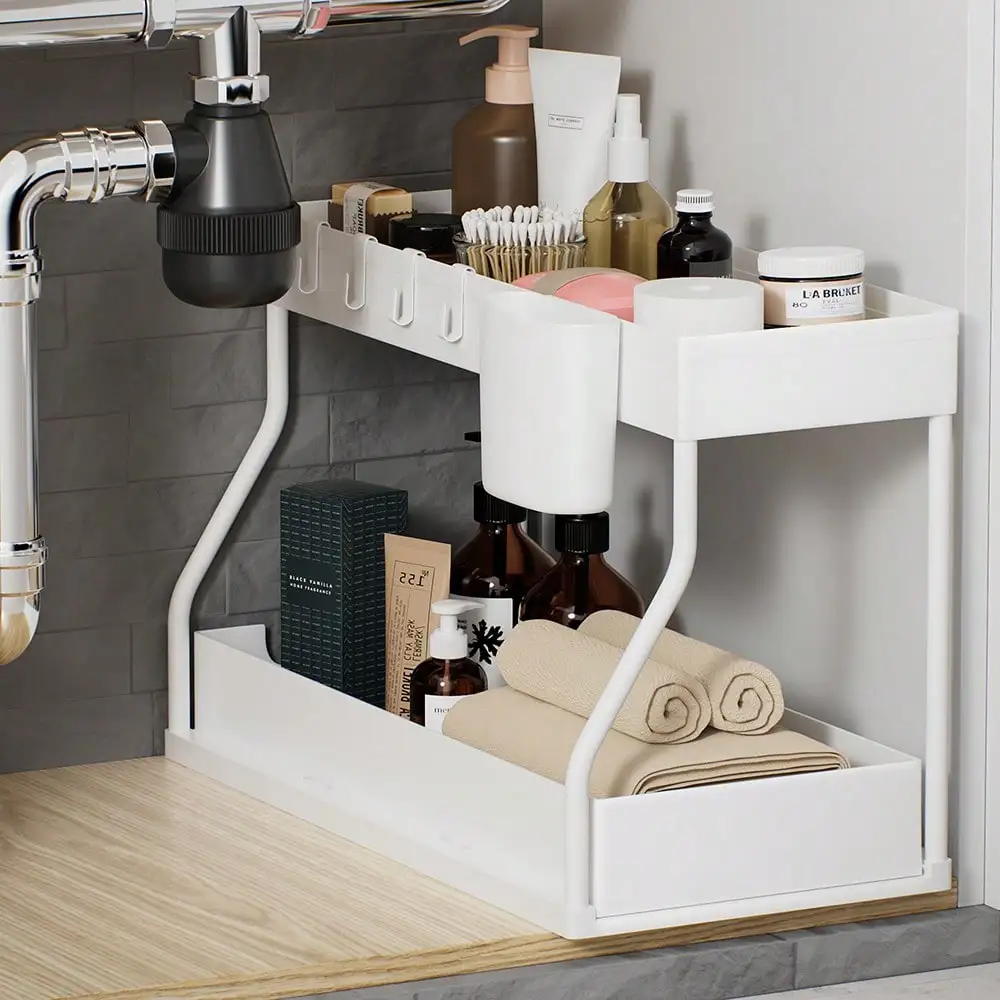 

Aoshet 2-Pack 2-Tier Under Sink Storage Organizer, Plastic Sliding Drawer Rack for Kitchen & Bathroom, White