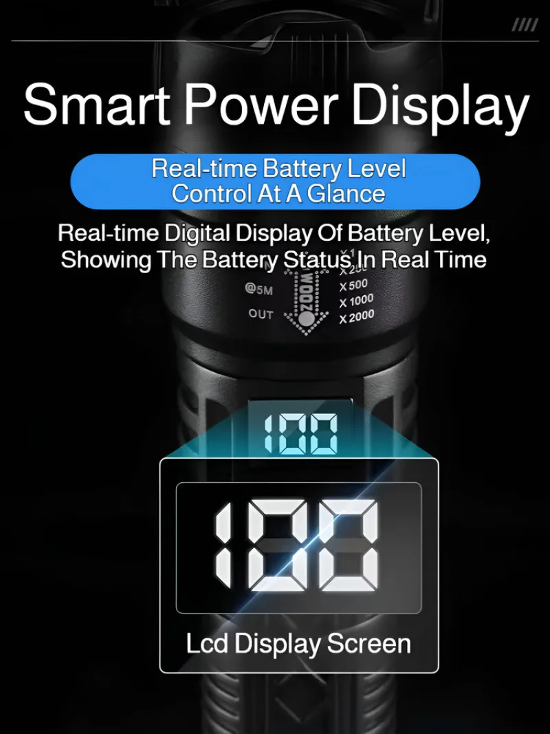 Multifunctional plastic flashlight super long-range outdoor strong light flashlight zoom digital display rechargeable flashlight