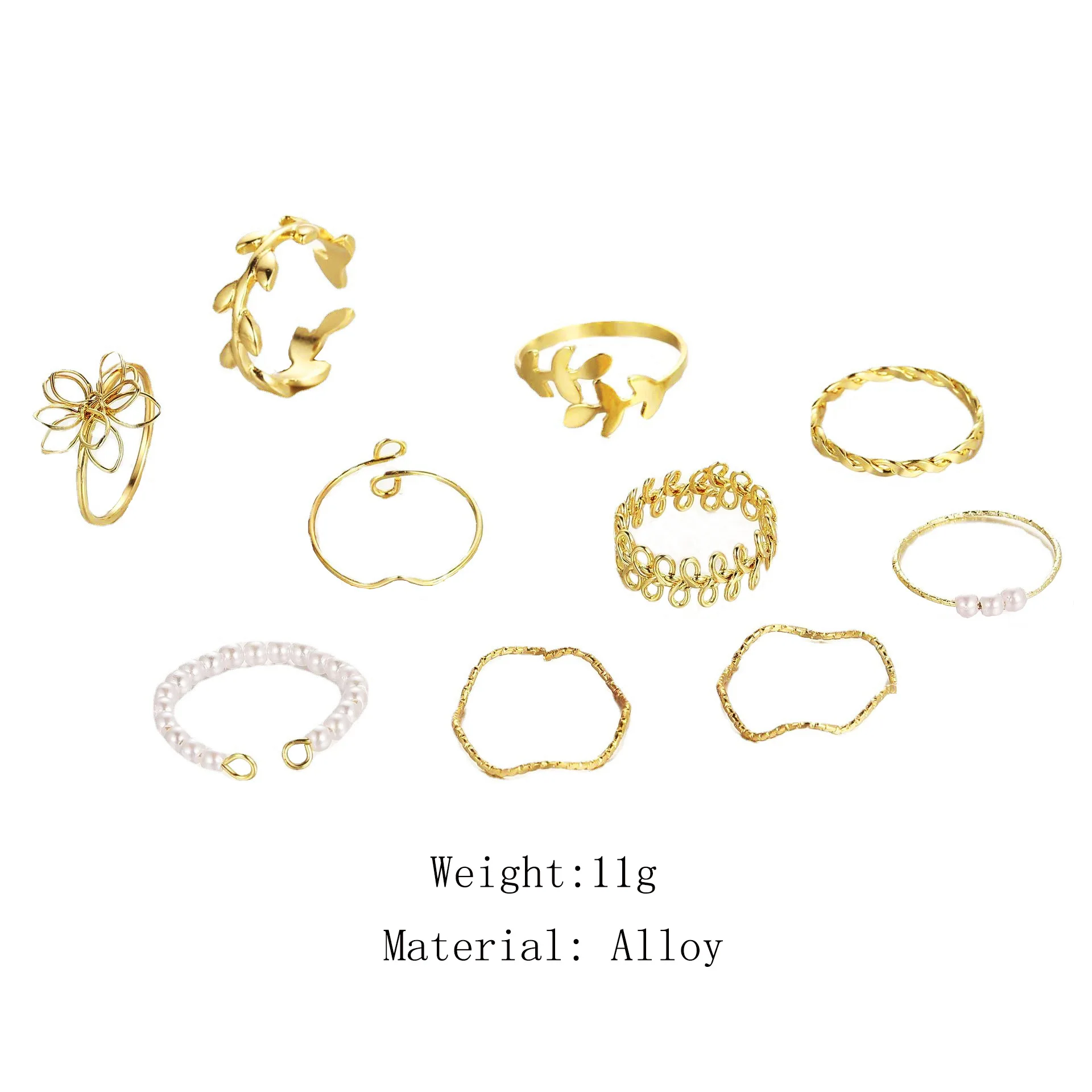 10Pcs Imitation Pearl Leaf Flower Rings Set for Women