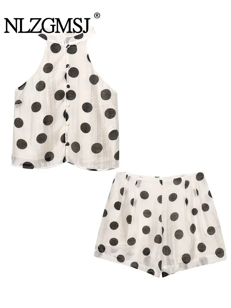 

2025 Summer Casual Polka Dot Print Chic Women Suit Halter Single Breasted Vest Loose Shorts Fashion Female Sets