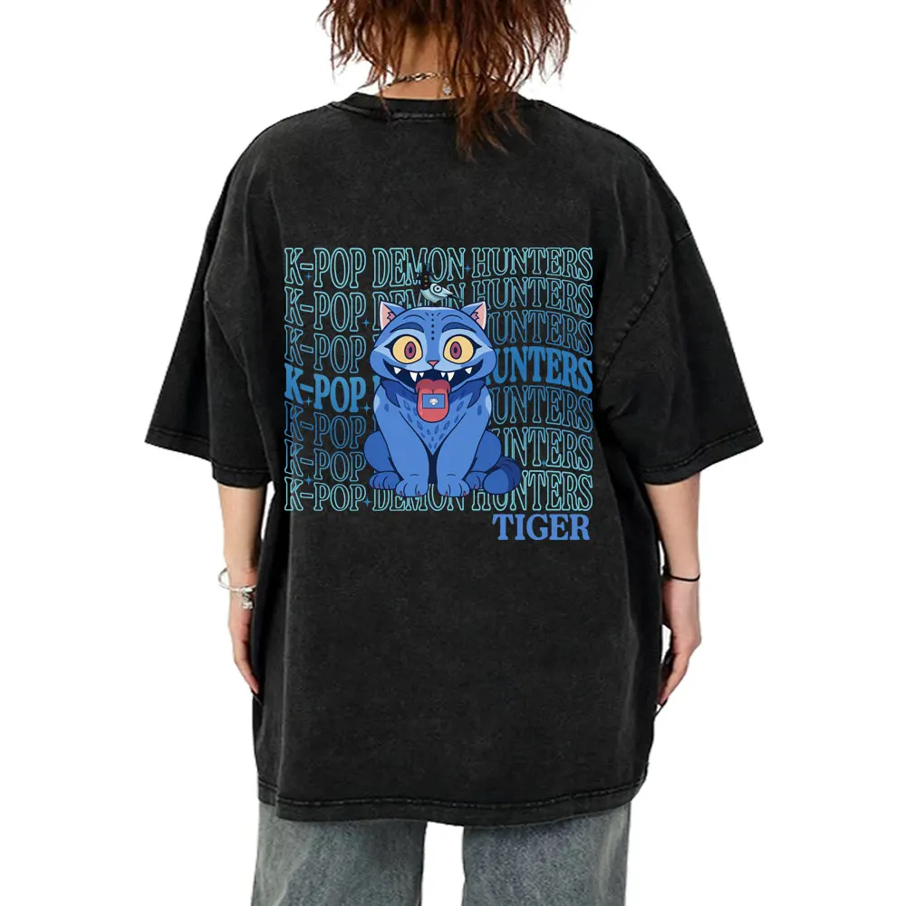 

Movie KPop Demon Hunters Derpy Tiger Vintage Washed T-shirt Men Women Cartoon Fashion Streetwear Men's Fun Oversized T Shirts