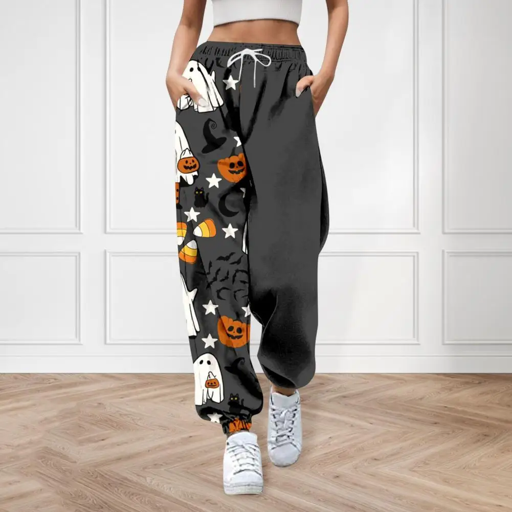 Comfortable High-waisted Sweatpants Halloween Pumpkin Print Women's Sweatpants with High Waist Adjustable Drawstring for Fitness