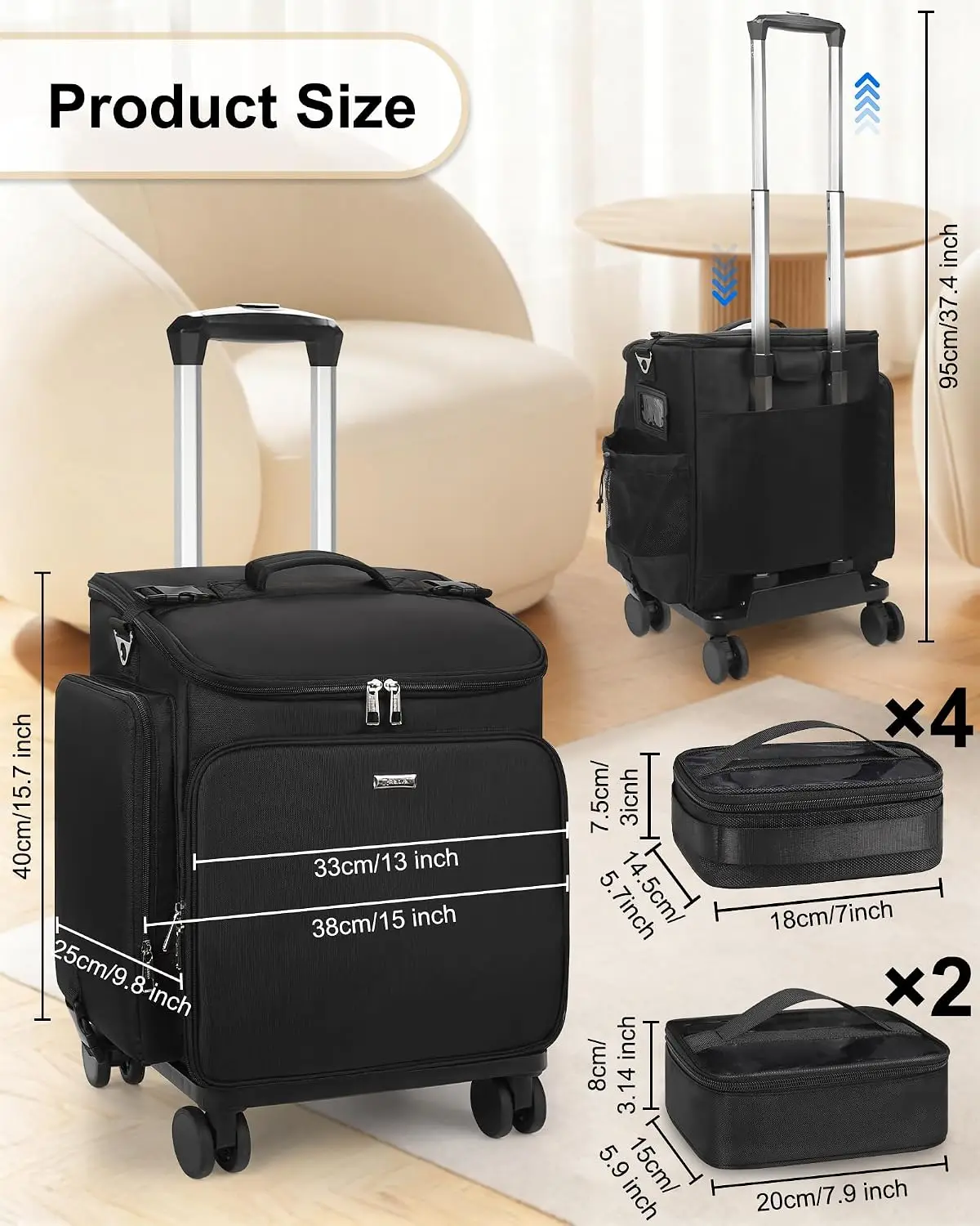 Rolling Makeup Case Hair Tools Travel Bag Cosmetology Case on Wheels with 6 Clear Bags, Professional Hairstylist view 5