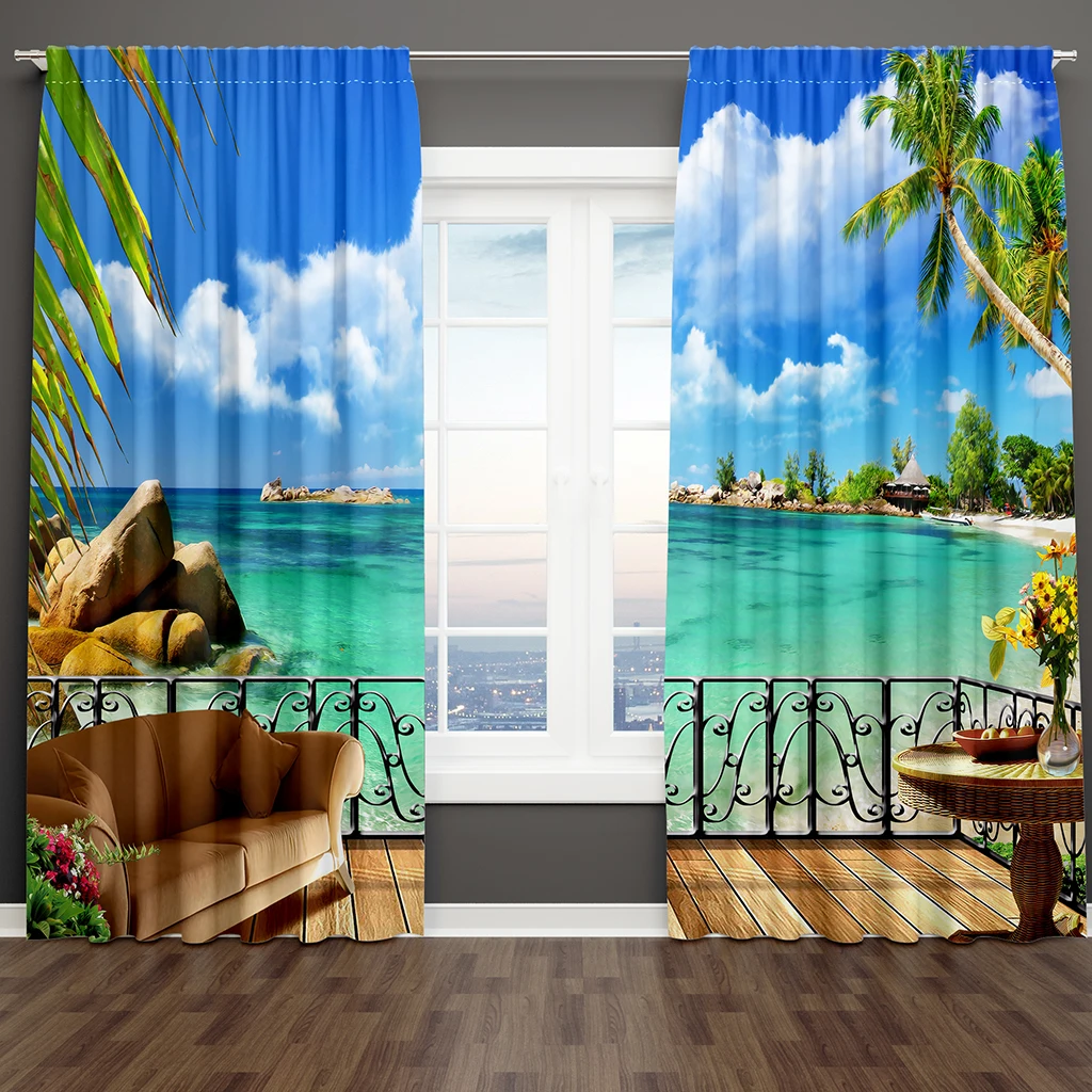 

Modern Palm Beach Scenery Natural Landscape Seaside Blue Tree Free Thin Window Drapes Curtain for Bedroom Living Room Home Decor