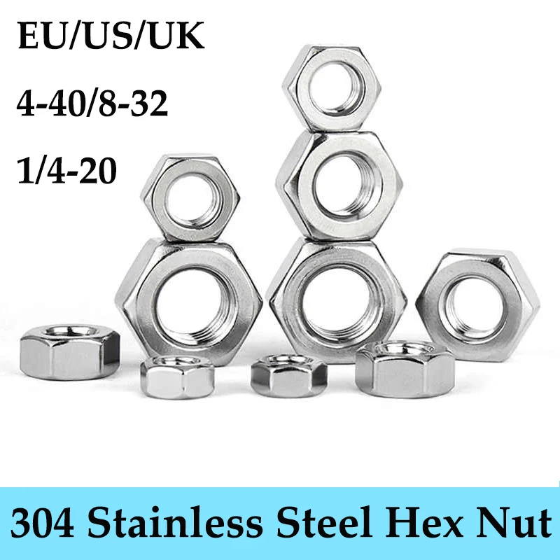 Tuerca hexagonal UE EE. UU. Reino Unido 304 acero inoxidable 4-40 6-32 8-32 10-24 12-24 1/4-20 3/4 pulgadas rosca fina gruesa UNC tuercas hexagonales tornillos perno