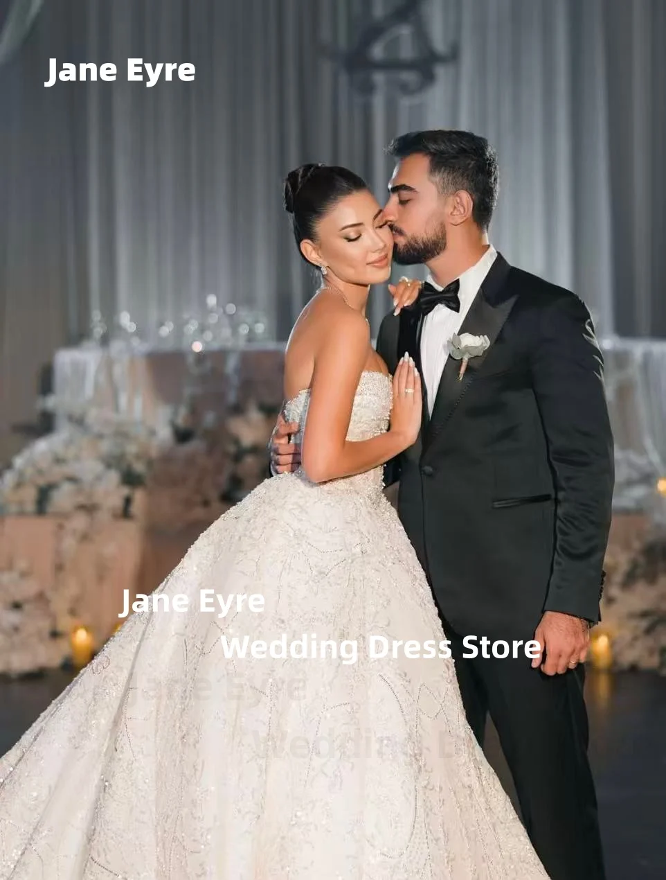 제인 에어 맞춤형 고급 웨딩 드레스 아플리케 스팽글 신부 볼 가운 스트랩리스 브라이덜 드레스 맞춤 제작 웨딩드레스