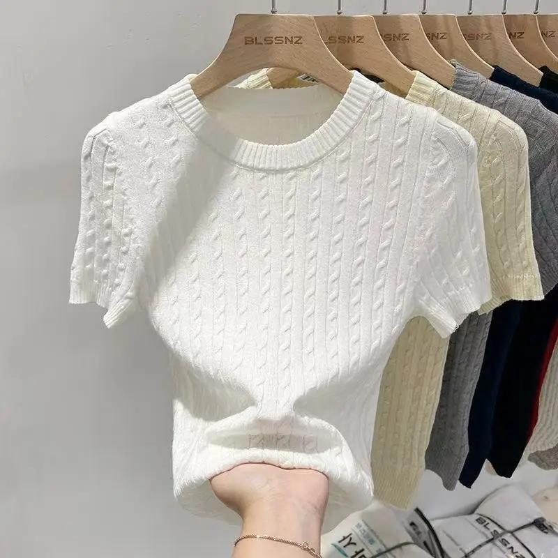 2026 Summer Korean Retro Elegant Texture Short Sleeve O-neck Twist Knit Top Women Soft Casual Versatile Thin T-shirt