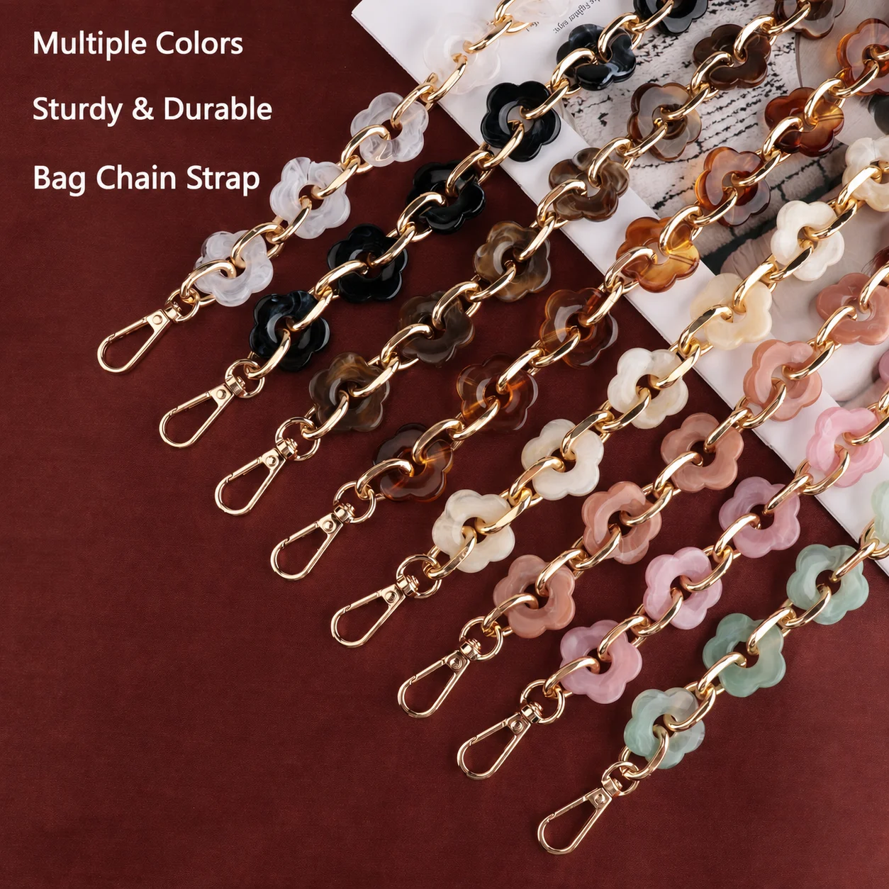 Gold Plated Alloy Purse Strap Versatile Colorful Bag Chain Replacement Bag Strap Easy To Install Flower Shaped Acrylic Bag Chain