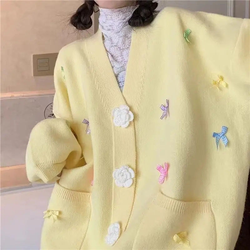 Japan Slouchy Style Sweet Knitted Cardigan Three Dimensional Flowers Buttons Bows Cardigans Korean Fashion Mid-length Sweater