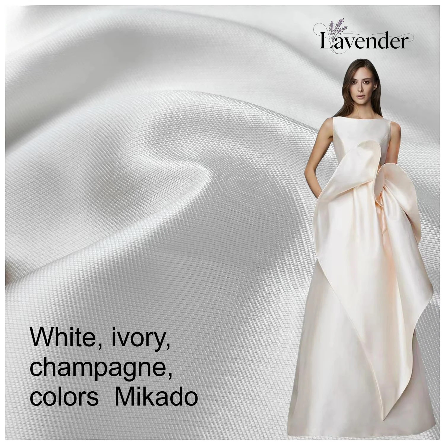 

White ivory-colored medium-hardness woven Mikado satin fabric for sewing bridal wedding dresses and evening gowns