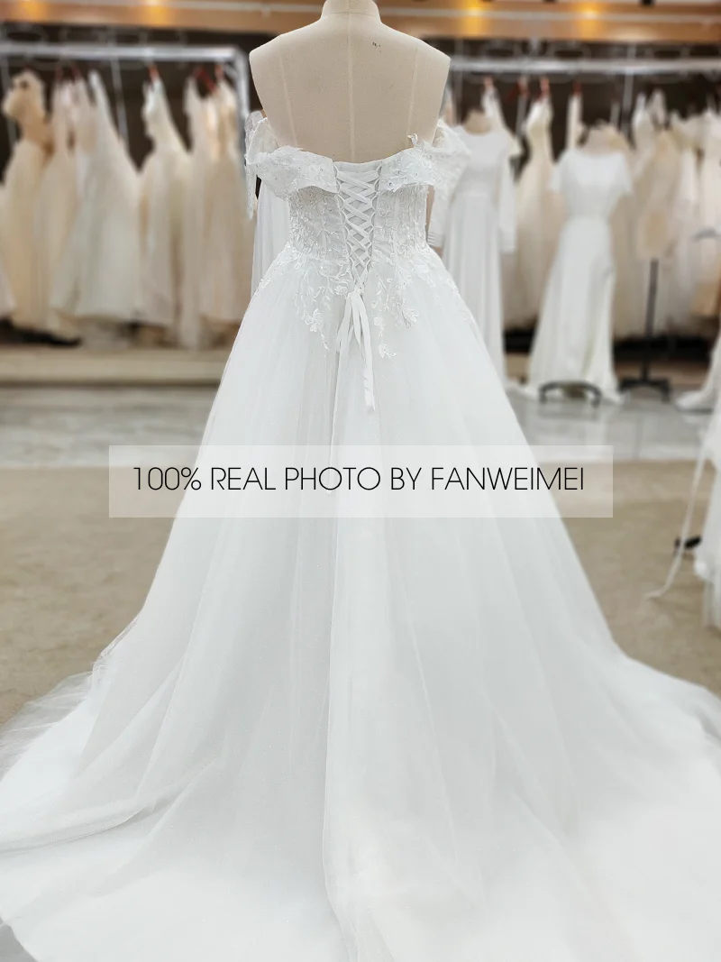 100% Real Photos Off-Shoulder Sweetheart Short Sleeve Backless Ball Gown Wedding Dress Elegant 2020