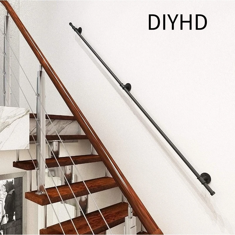 

12FT Stair Handrail with 3 Wall Mount Brackets,Industrial Black Iron Loft Pipe Handrail ,Rustic Black,Straight Style,Indoor