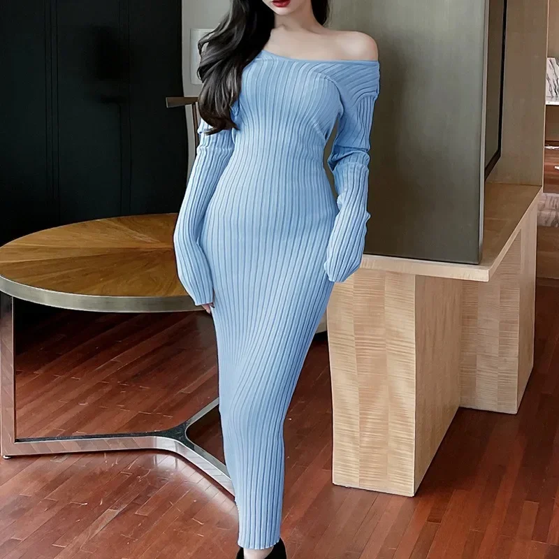 

Spring Women Knitted Dress Winter Elastic Slim Fit Sexy V-neck Bodycon Dress Korean Fashion Long Dresses For Women Y2k