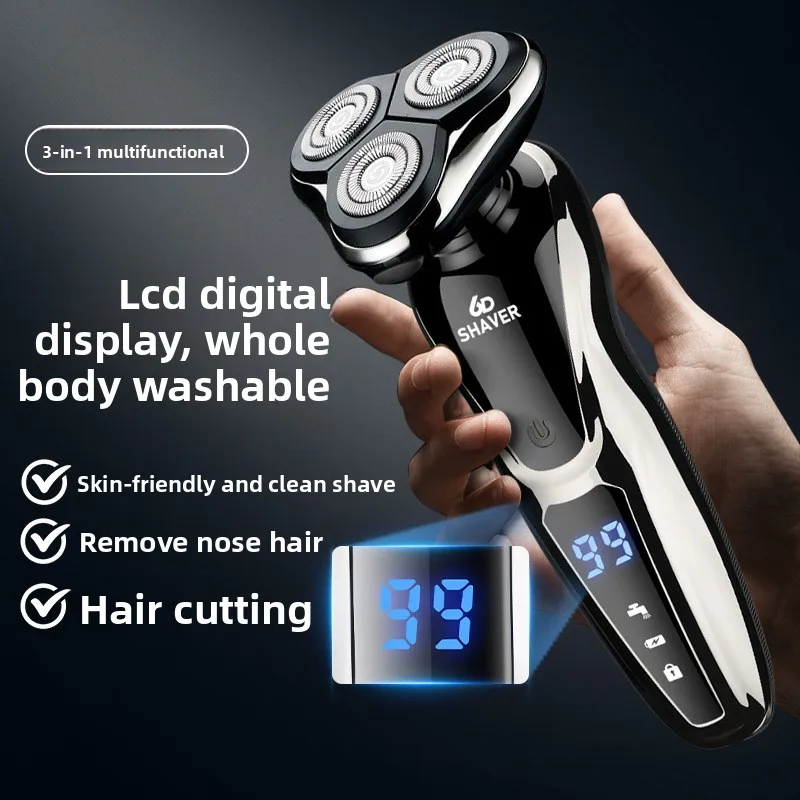 

3-in-1 Men's Electric Shaver, USB Charging LCD Display, Washable Nose Hair Trimmer Hair Clipper