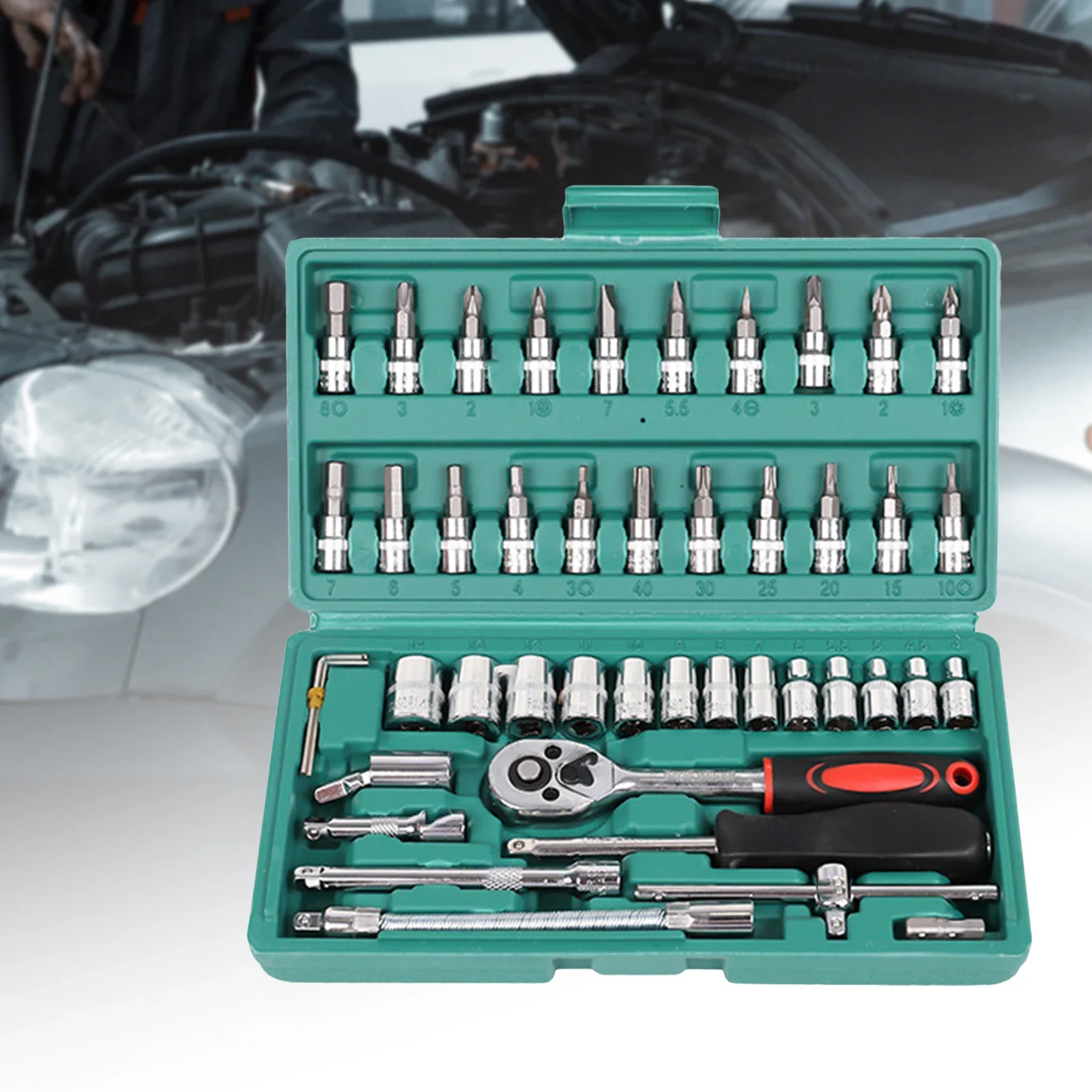 46 Pcs Car Repair Tool Kit Generic Socket Ratchet Torque Wrench Set Screwdriver Drive Socket and Bit Set with Storage Case