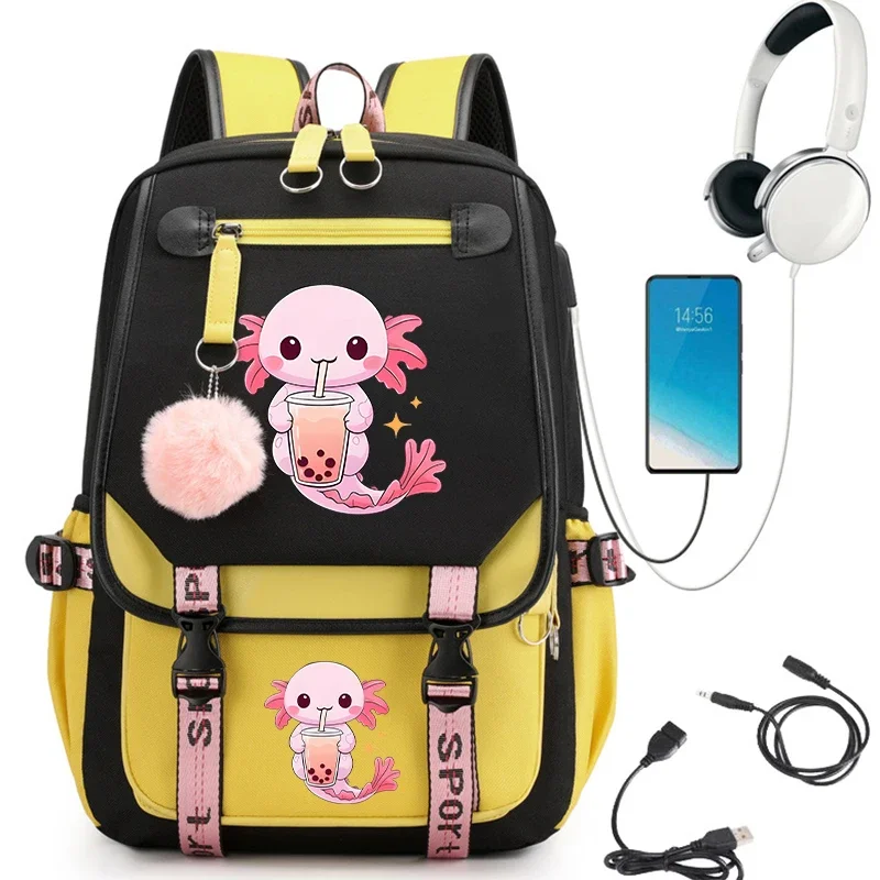 Ransel perempuan Boba Axolotl tas sekolah kartun Anime teh gelembung untuk pelajar remaja ransel Laptop tas kantung A Dos