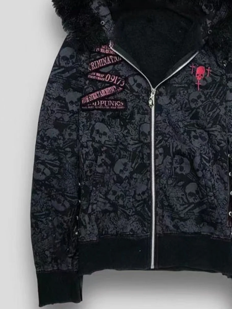 Y2k الجمالية القوطية الجمجمة طباعة هوديس جاكيتات النساء خمر الجرونج الفراء المرقعة مقنعين سترة Harajuku سستة معطف الموضة