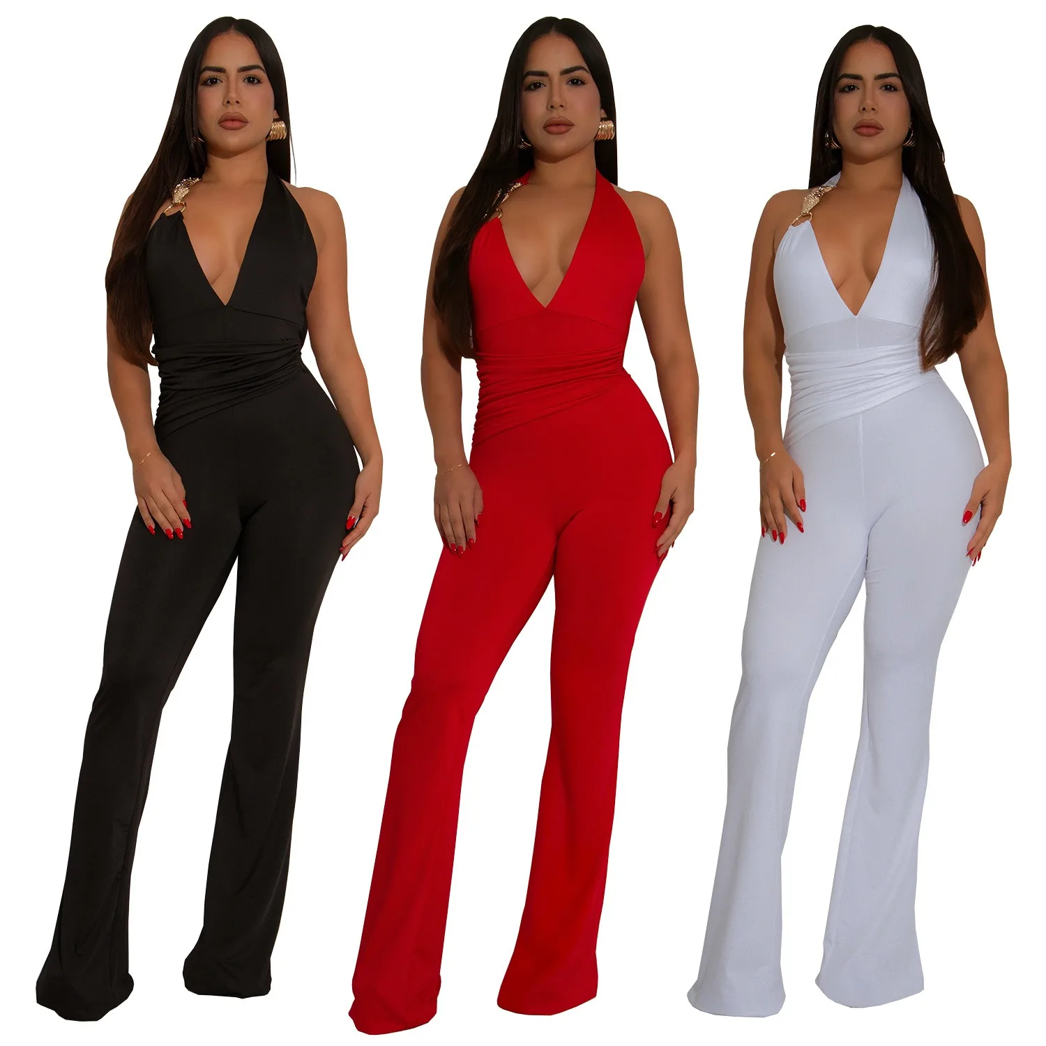 

Sexy Nightclub Party Prom Club Banquet Solid Color Tie Deep v Neck Solid One-piece Pants