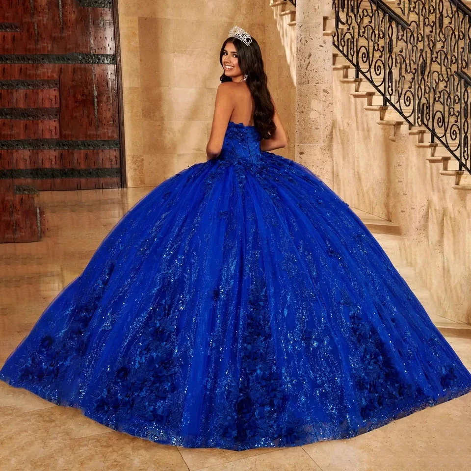 Customized Royal Blue Quinceanera Dresses 2025 Sequined Handmade 3D Flowers Sweet 16 Dress Ball Gown Lace Up vestidos de 15