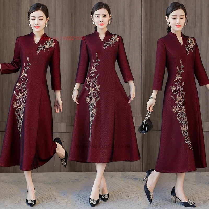 2024 ชุดแต่งงานจีนปรับปรุง cheongsam แห่งชาติดอกไม้เย็บปักถักร้อย A-Line ชุด Oriental จัดเลี้ยงชุดราตรี vestido