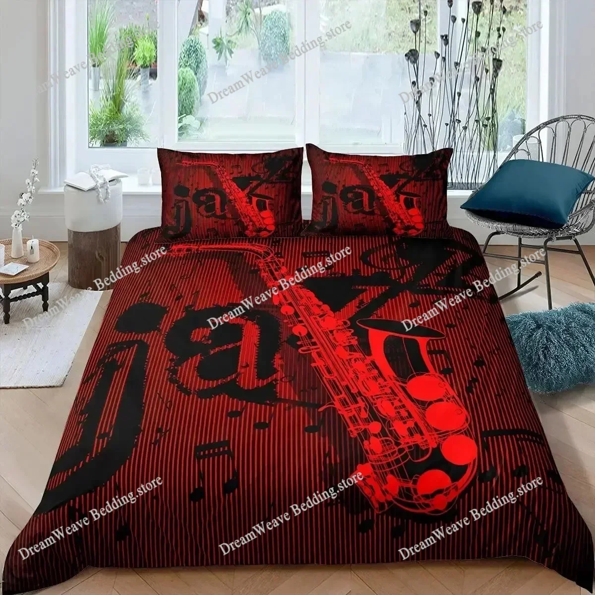 Saxophone Duvet Cover Set Rotating Musical Notes Bedding Set Musical Instrument Retro Jazz Music Twin 3D Quilt Cover for Kids592